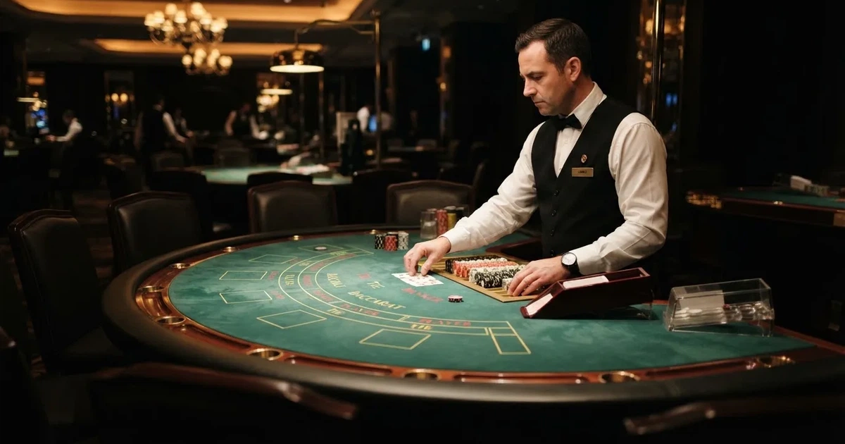 Elegantan stol za baccarat u casinu, zeleno sukno, špil karata, žetoni i djelitelj u prsluku, prigušena rasvjeta.