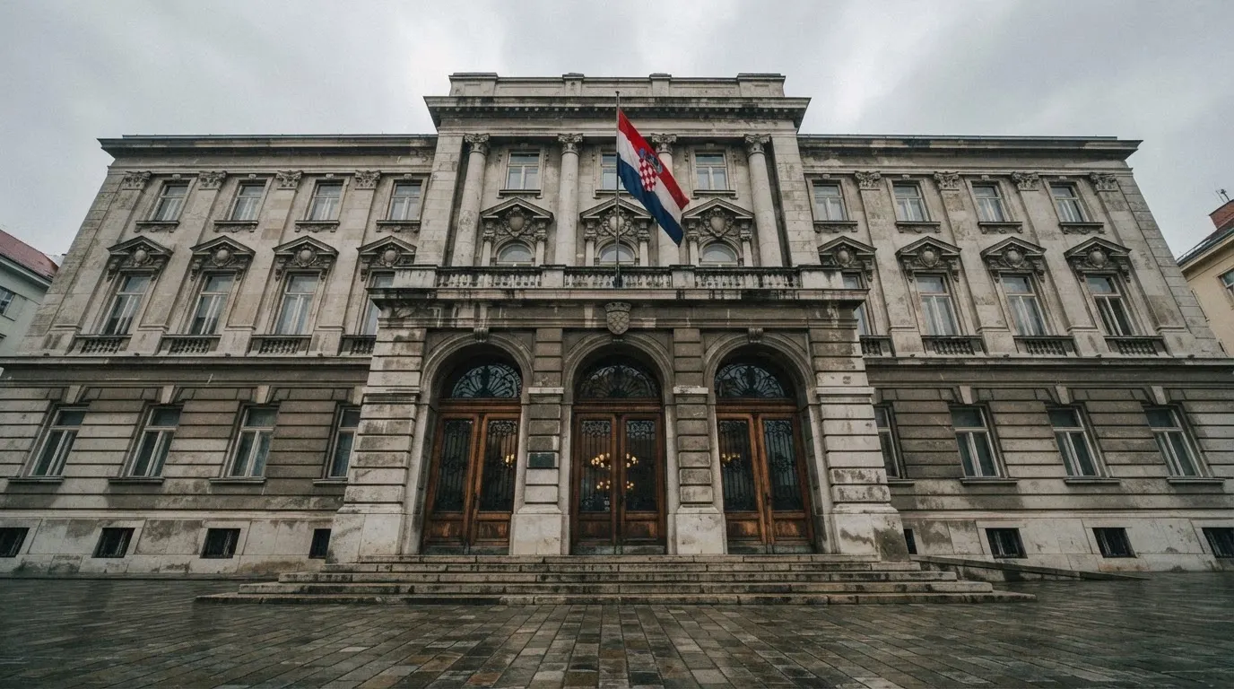 Pročelje zagrebačke ministarske zgrade od sivog kamena s visokim vratima i zastavom, oblačno nebo iznad.