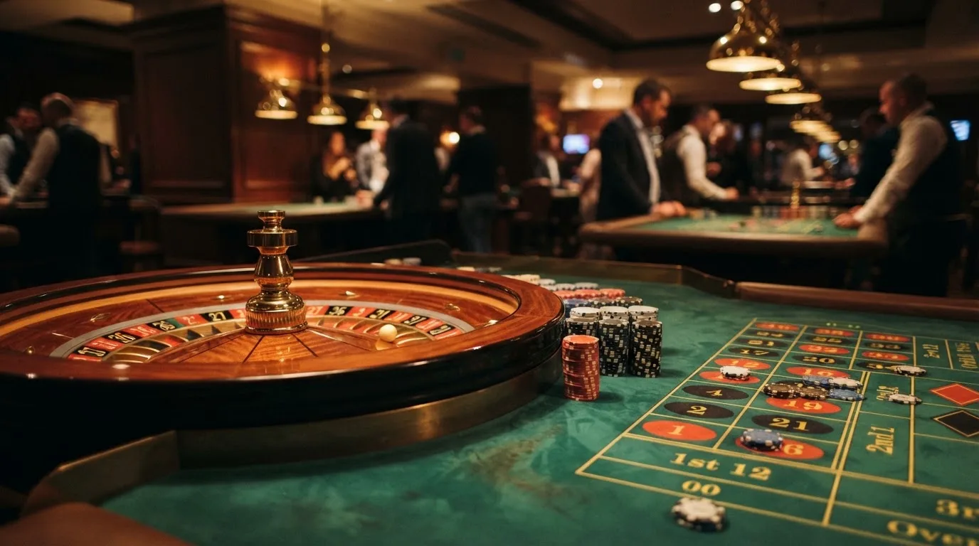 Kotač ruleta i žetoni na zelenom suknu pod toplim večernjim svjetlom — besplatni casina u hrvatskoj