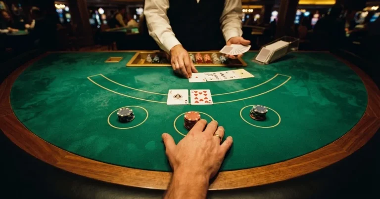 Osvijetljen stol za igru s kartama, snimljen odozgo — blackjack casina u hrvatskoj