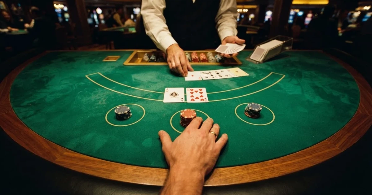 Osvijetljen stol za igru s kartama, snimljen odozgo — blackjack casina u hrvatskoj