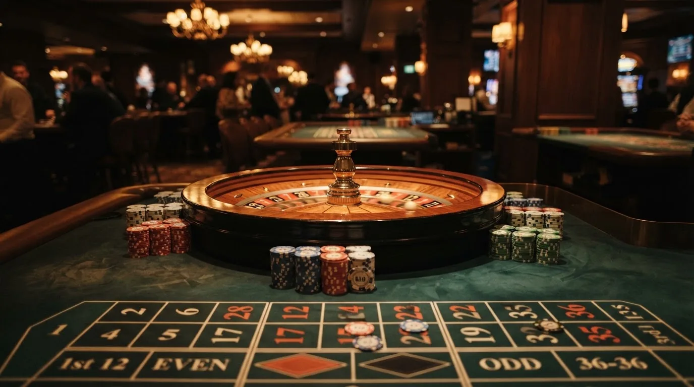 Kotač ruleta i žetoni na zelenom suknu pod toplim večernjim svjetlom — blackjack casina u hrvatskoj