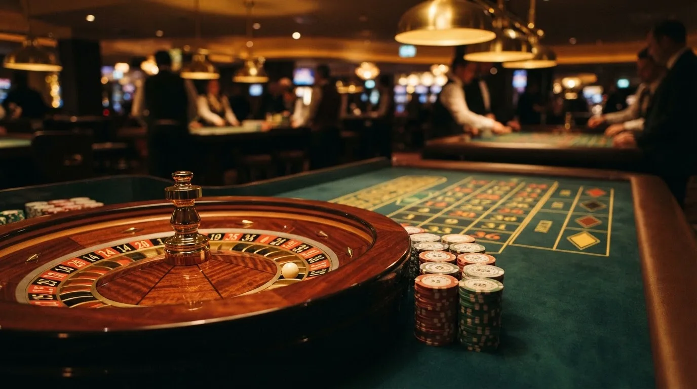 Kotač ruleta i žetoni na zelenom suknu pod toplim večernjim svjetlom — casina za android u hrvatskoj