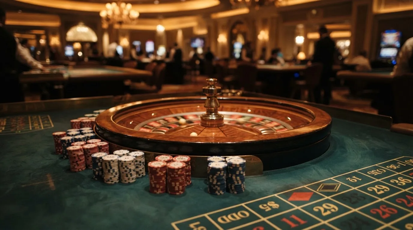 Kotač ruleta i žetoni na zelenom suknu pod toplim večernjim svjetlom — casino aparati u hrvatskoj