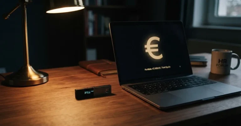 Hardverski novčanik i prijenosno računalo na stolu pod prigušenim svjetlom — casino bez registracije u hrvatskoj