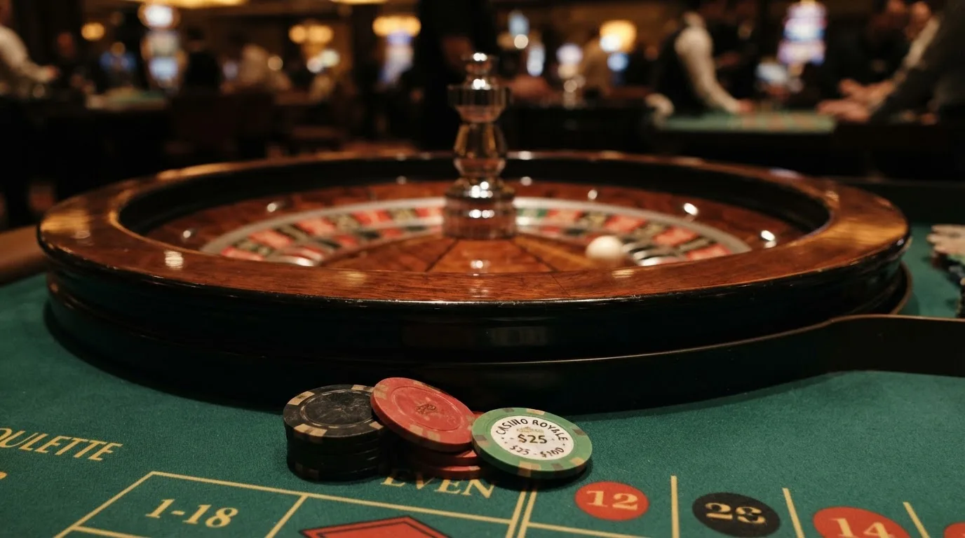 Kotač ruleta i žetoni na zelenom suknu pod toplim večernjim svjetlom — casino bez registracije u hrvatskoj