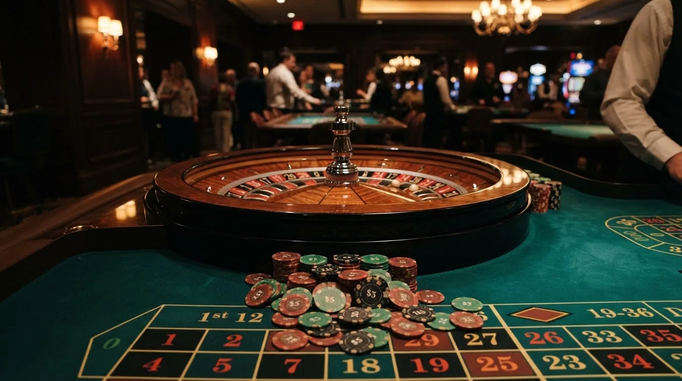 Kotač ruleta i žetoni na zelenom suknu pod toplim večernjim svjetlom — casino igre u hrvatskoj