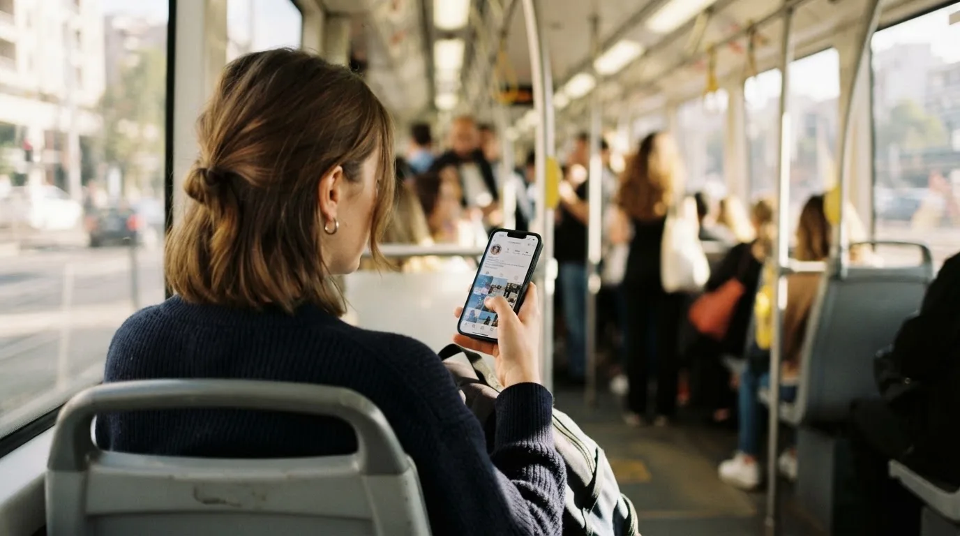 Žena u zagrebačkom tramvaju drži pametni telefon, putnici u pozadini zamućeni, dnevno svjetlo kroz prozore.