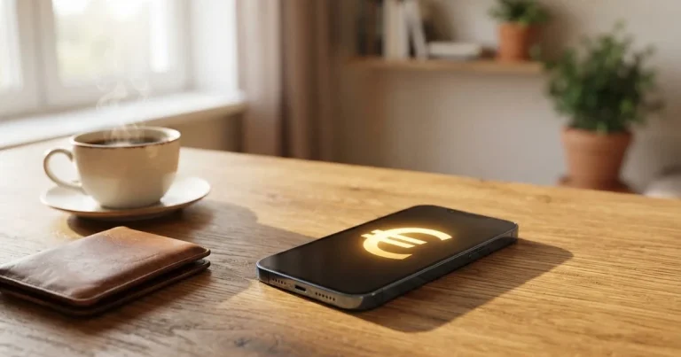 Mobitel na drvenom stolu pokraj novčanika i šalice kave — casino s apple pay u hrvatskoj