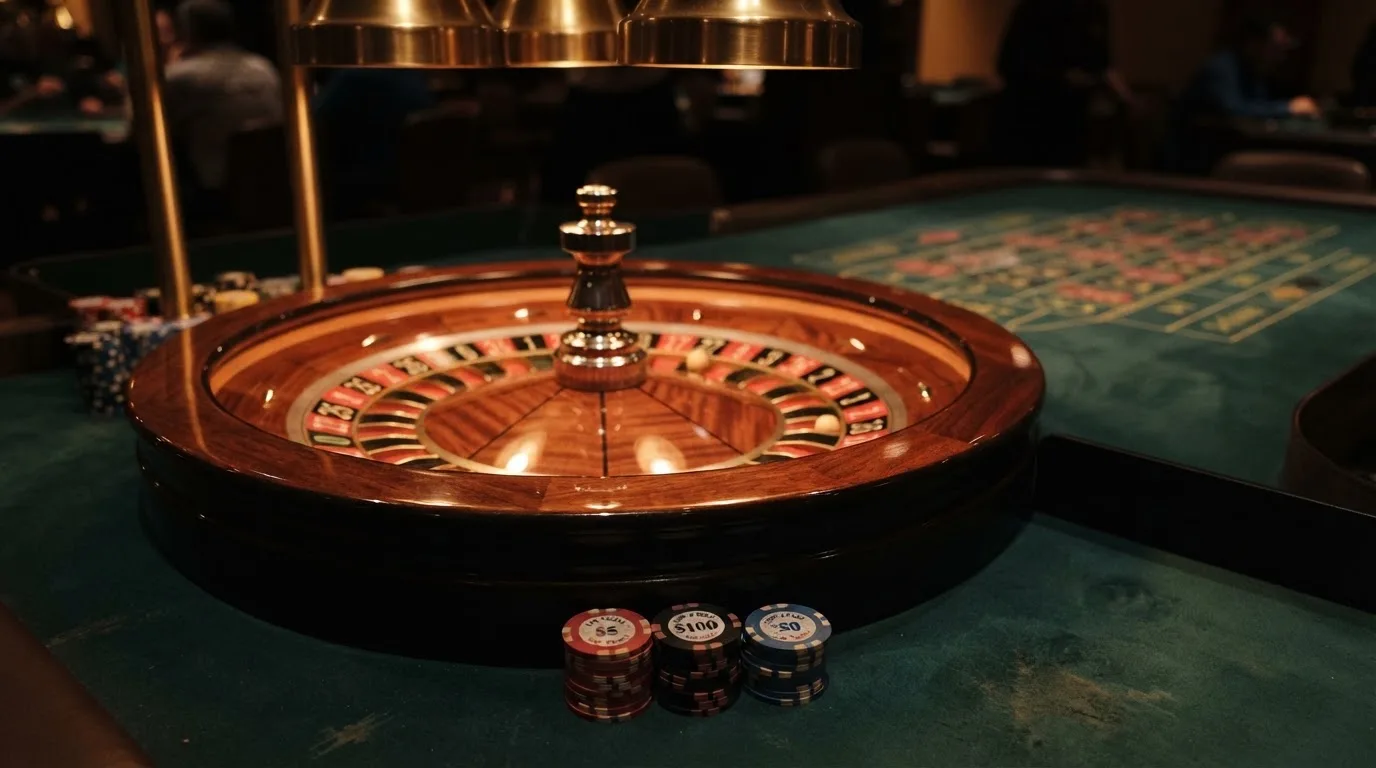Kotač ruleta i žetoni na zelenom suknu pod toplim večernjim svjetlom — casino s apple pay u hrvatskoj