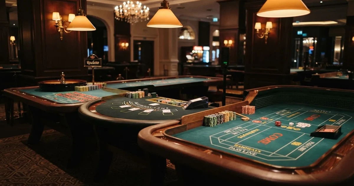 Tri različita stola za igru jedan uz drugi u mirnoj, toplo osvijetljenoj dvorani — casino stranice u hrvatskoj