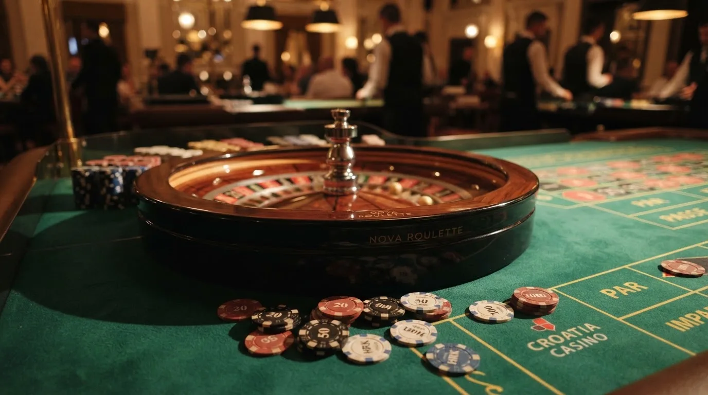 Kotač ruleta i žetoni na zelenom suknu pod toplim večernjim svjetlom — casino stranice u hrvatskoj