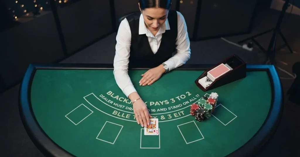 Krupijerka u crnom prsluku dijeli karte blackjacka u studiju, snimljeno kamerom s visine, meko plavo svjetlo.