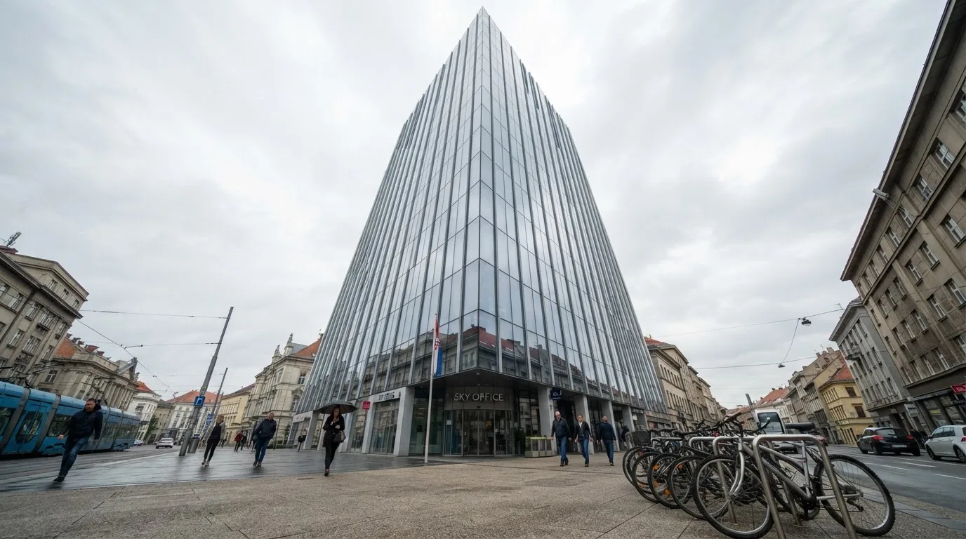 Neboder u središtu Zagreba s odsjajem neba na staklenom pročelju, snimljen s razine ulice.