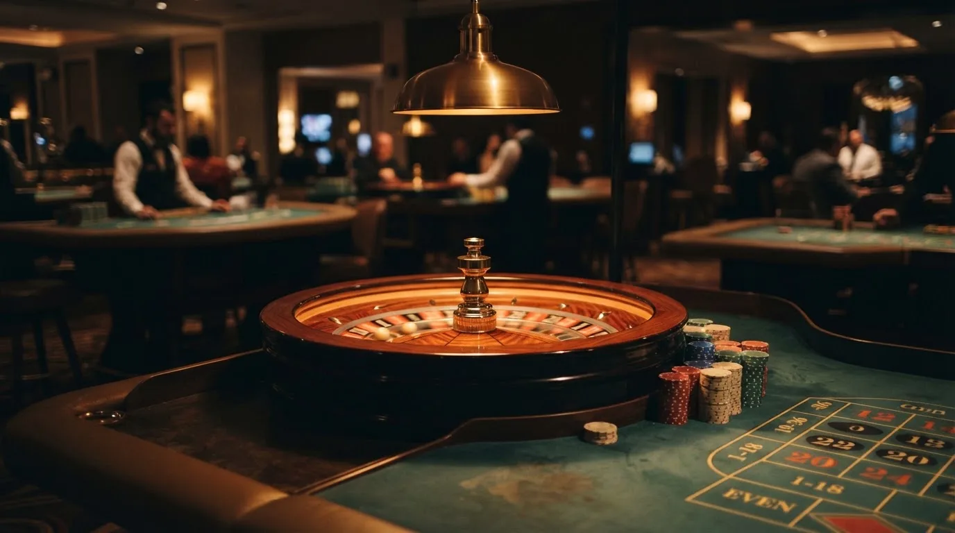 Kotač ruleta i žetoni na zelenom suknu pod toplim večernjim svjetlom — ethereum casino u hrvatskoj
