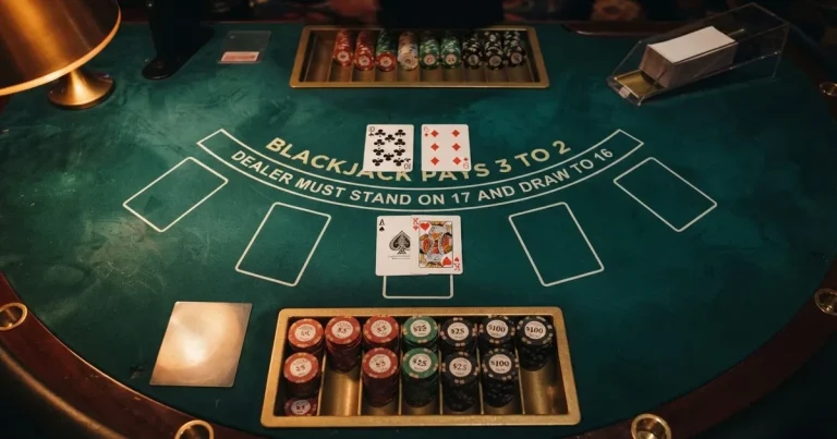 Osvijetljen stol za igru s kartama, snimljen odozgo — igrati blackjack u hrvatskoj