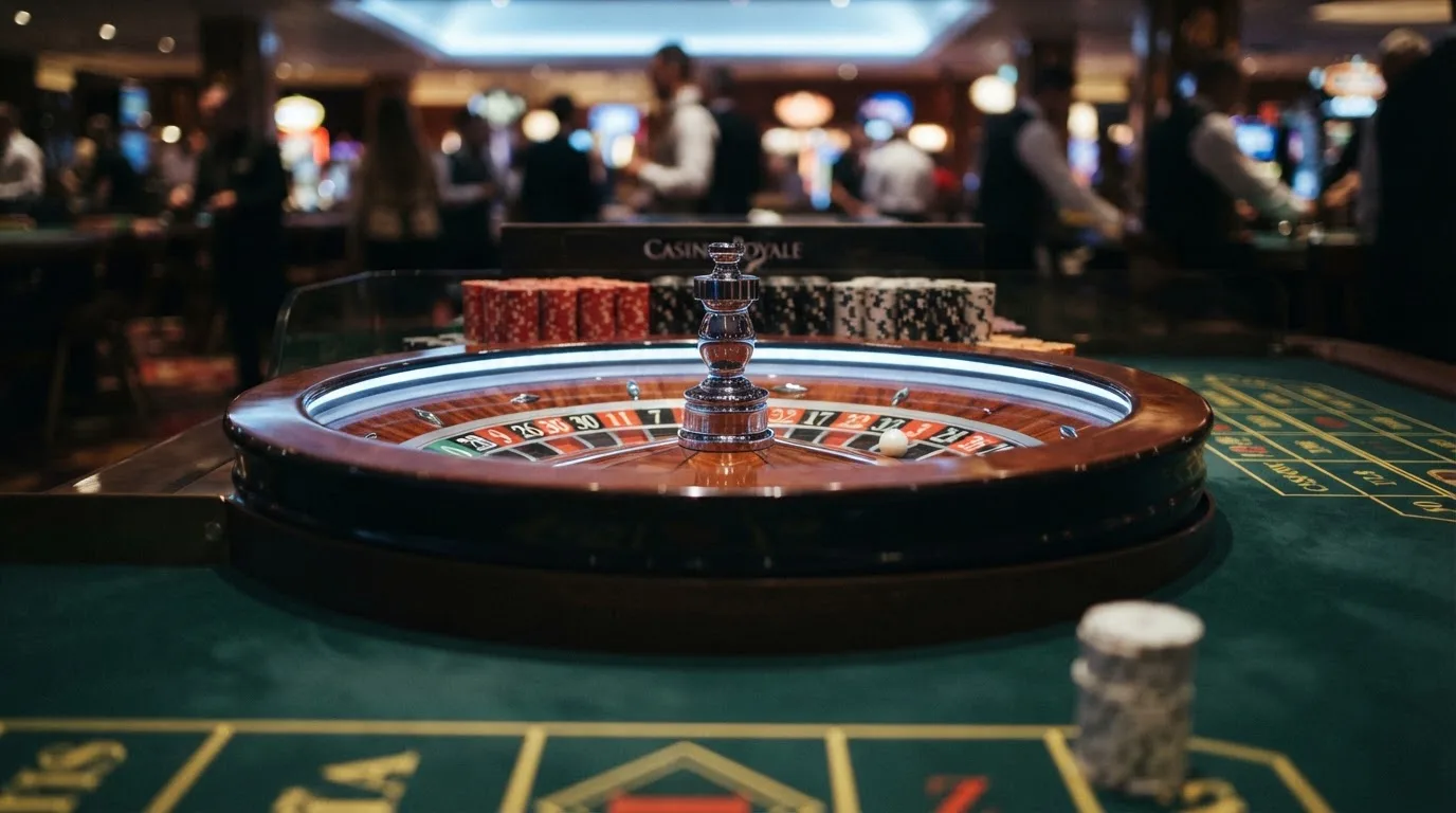 Kotač ruleta i žetoni na zelenom suknu pod toplim večernjim svjetlom — kombinacije za rulet