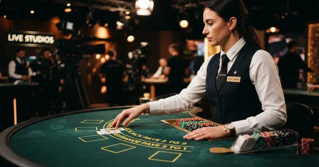 Krupije u elegantnoj uniformi dijeli karte za stolom blackjacka u studiju, snimljeno s boka pod toplim reflektorima.