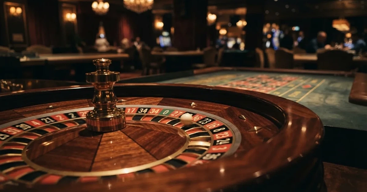 Krupni plan bijele loptice koja se vrti po rubu drvenog kotača ruleta u prigušeno osvijetljenoj dvorani.