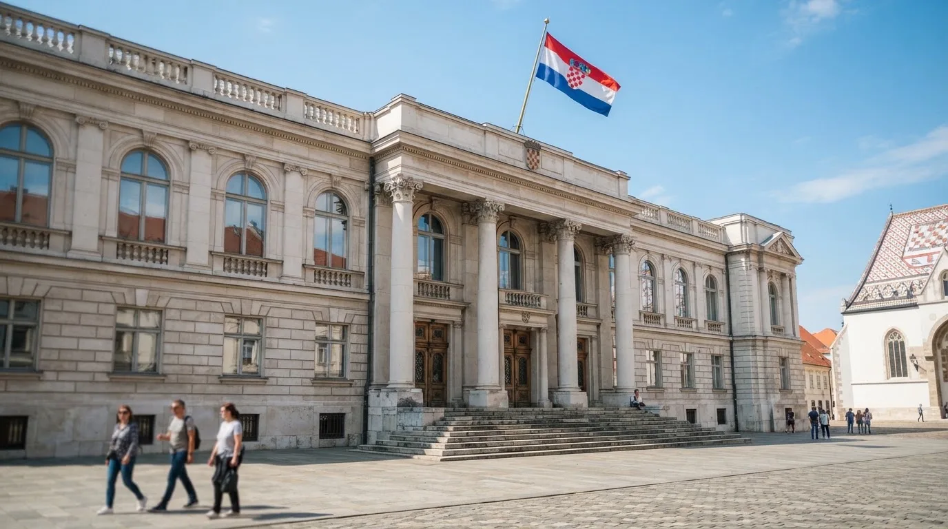 Svijetla državna zgrada u središtu Zagreba s hrvatskom zastavom na pročelju, snimljena danju pod vedrim nebom.