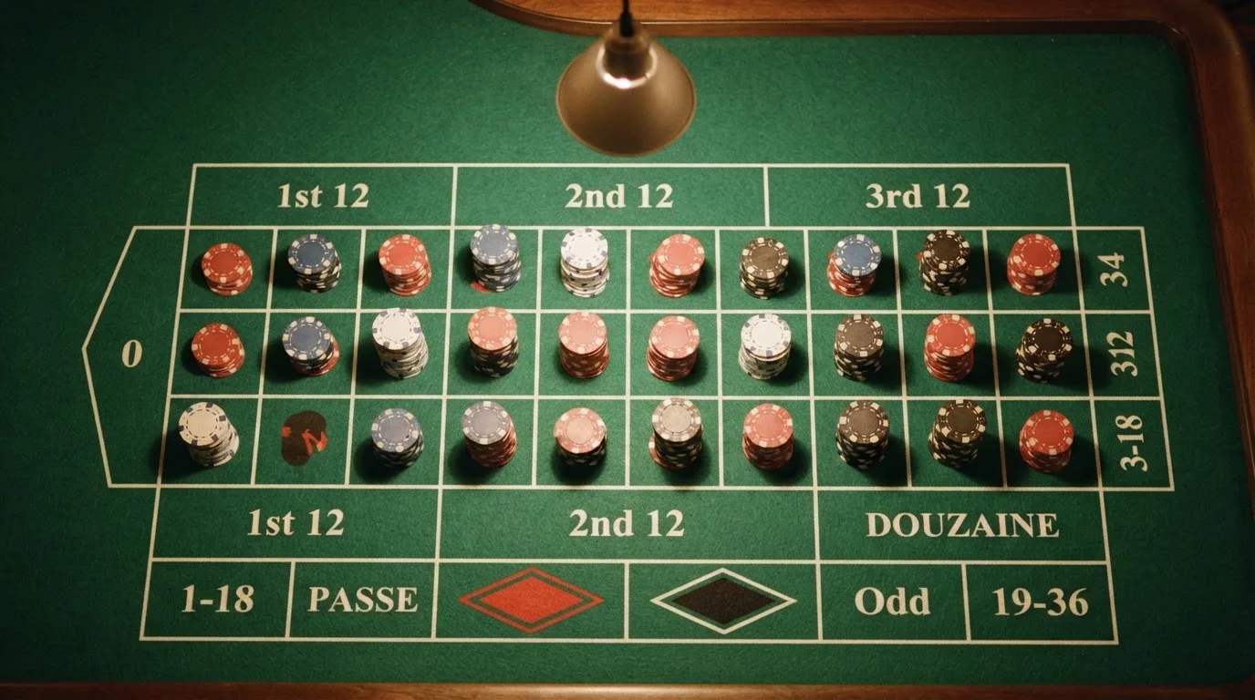 Pogled odozgo na zeleno sukno ruleta sa žetonima različitih boja složenim u male stupce, pod toplim svjetlom.